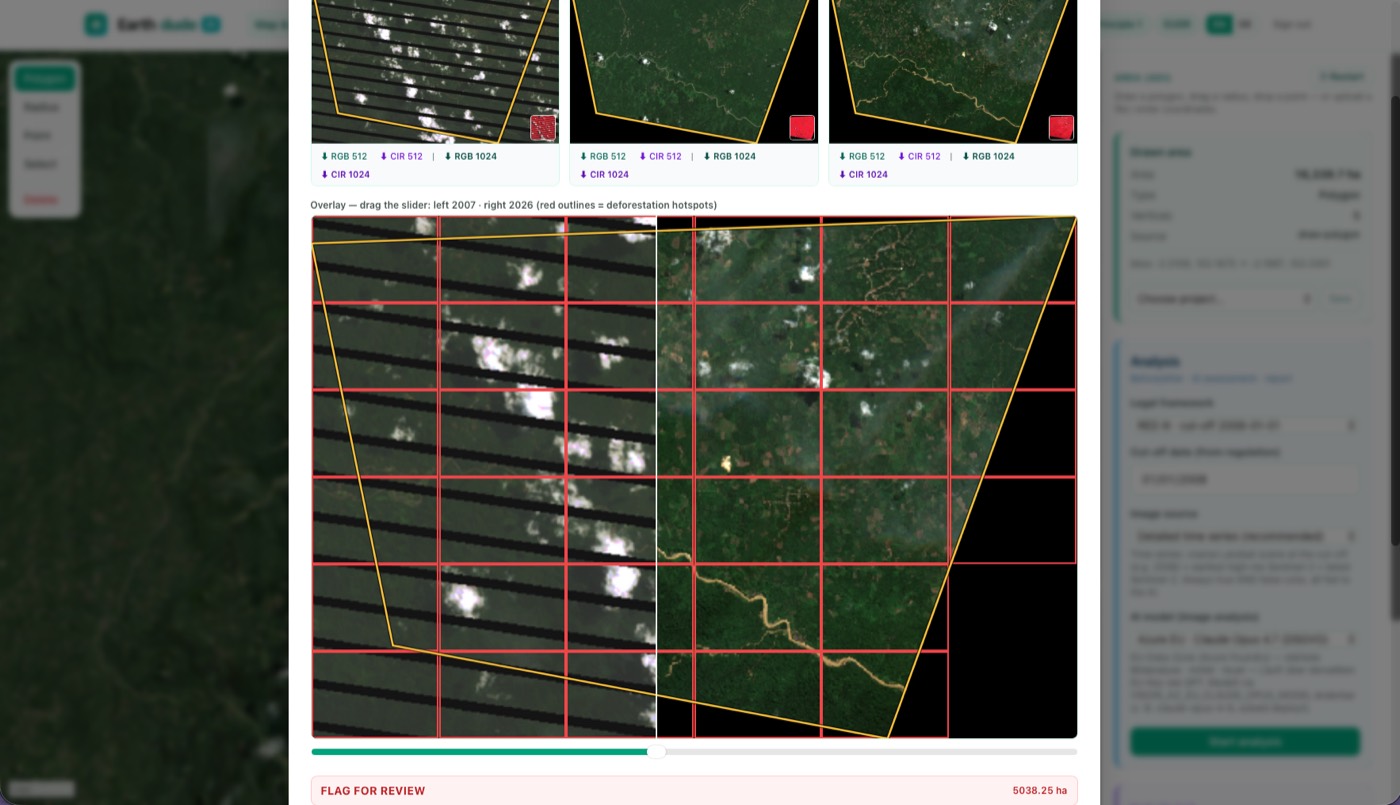 Before / after overlay — drag the slider; red outlines mark deforestation hotspots.